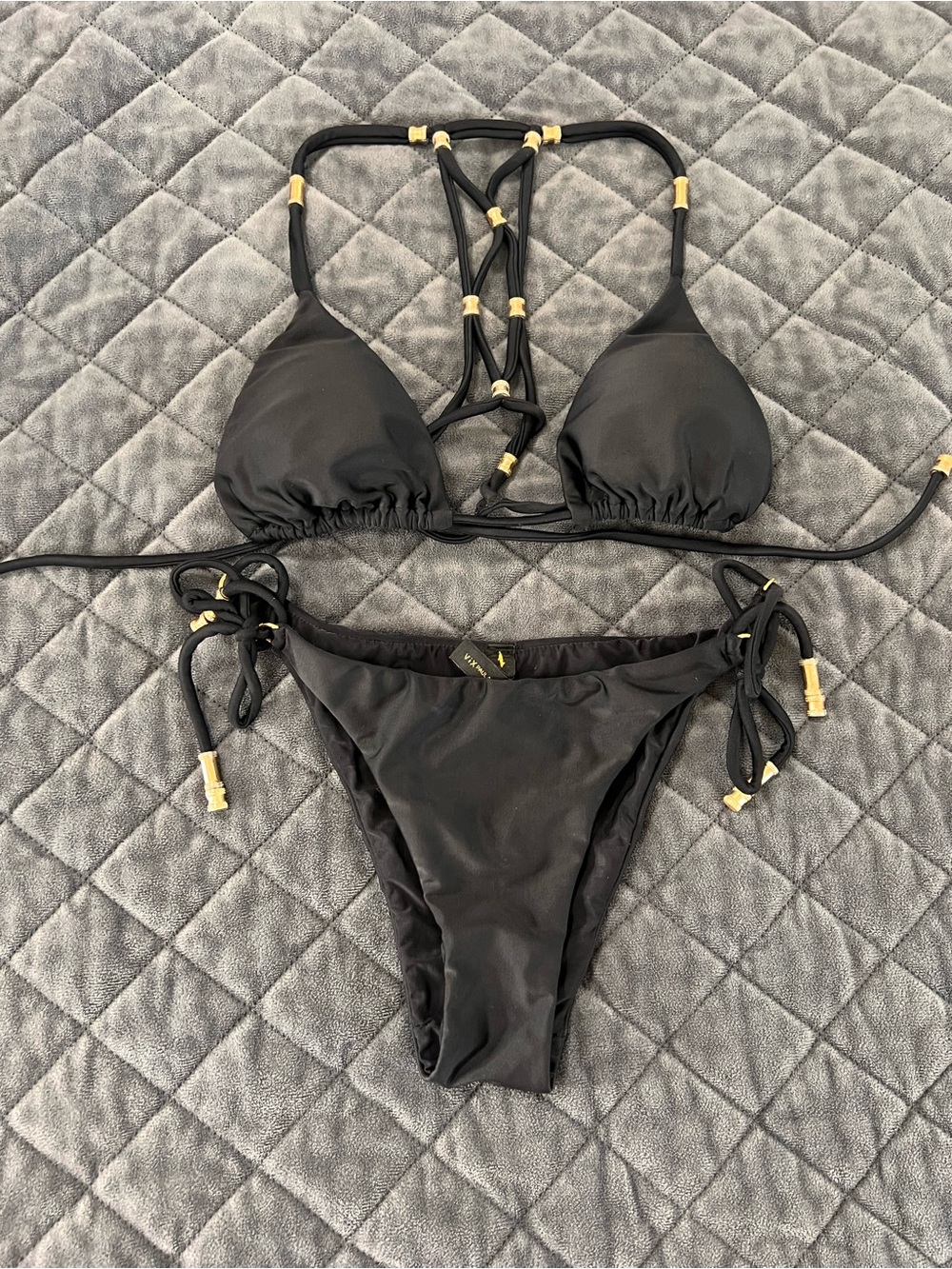 Vix Paula Hermanny Bikini Swimwear Small Black Strappy Lucy Beaded Side Tie 2 Pc